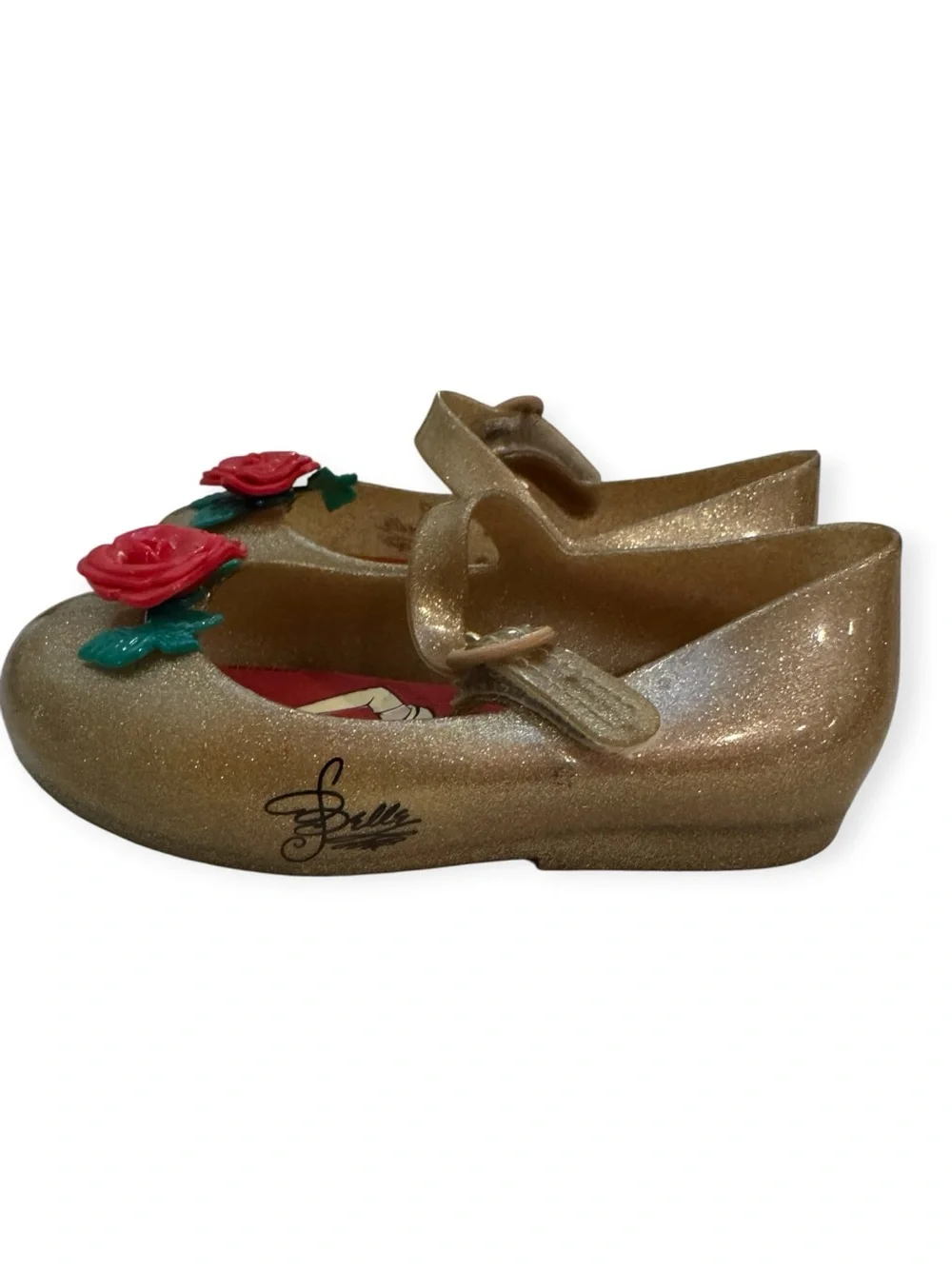 Mini Melissa x Disney Belle Gold Glitter Rose Mary Jane Shoes Toddler 9